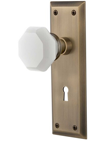 New York Mortise Lock Set with Milk White Waldorf Crystal Glass Knobs in Antique Brass.